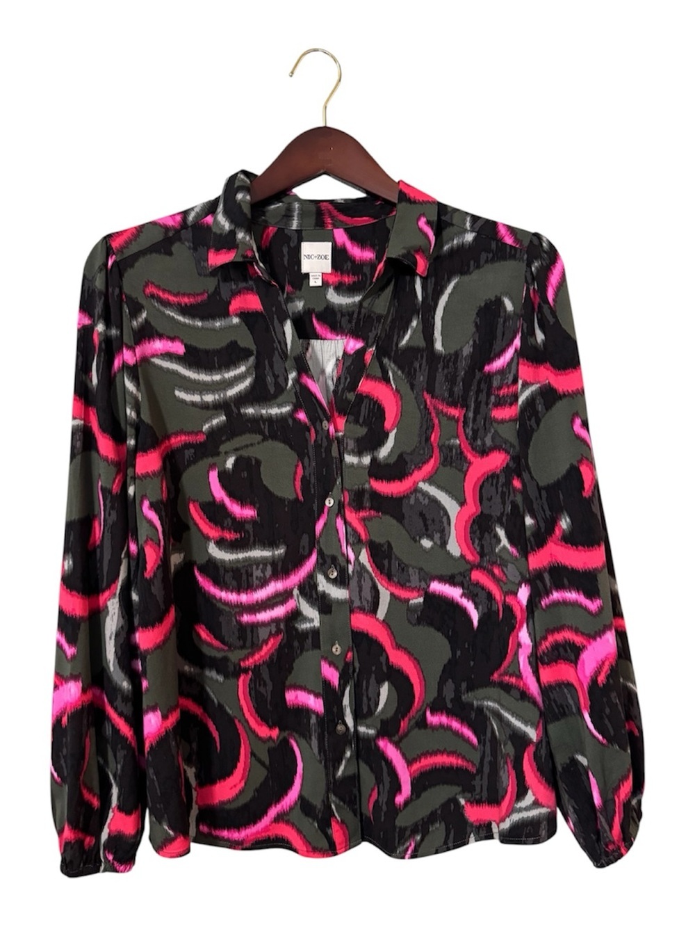 Nic + Zoe Abstract Print Button Front Blouse Women’s Large Pink Black Olive